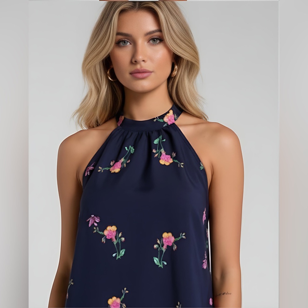 Blue Floral Print Backless Halter Neck Dress - Picture 2 of 9